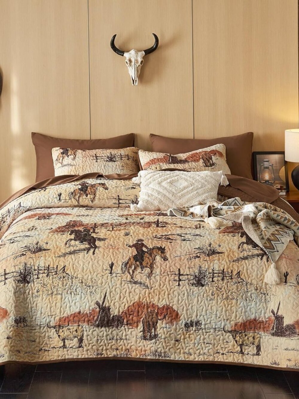 Western Quilt Set, Rustic Ranch Life with Cowboy Southwestern Vintage Country Pa